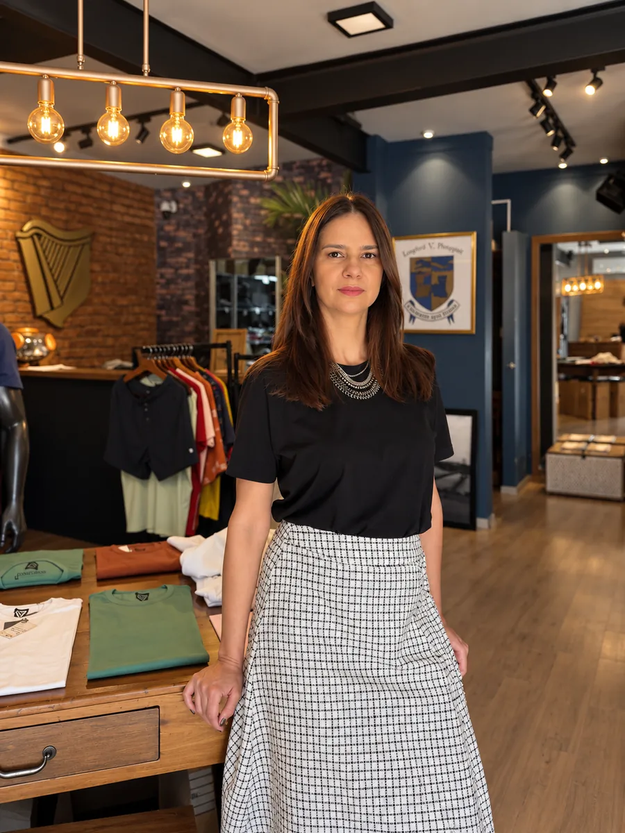 Greyci Pucci encostada na mesa de camisetas da Longford, com a loja inteira ao fundo